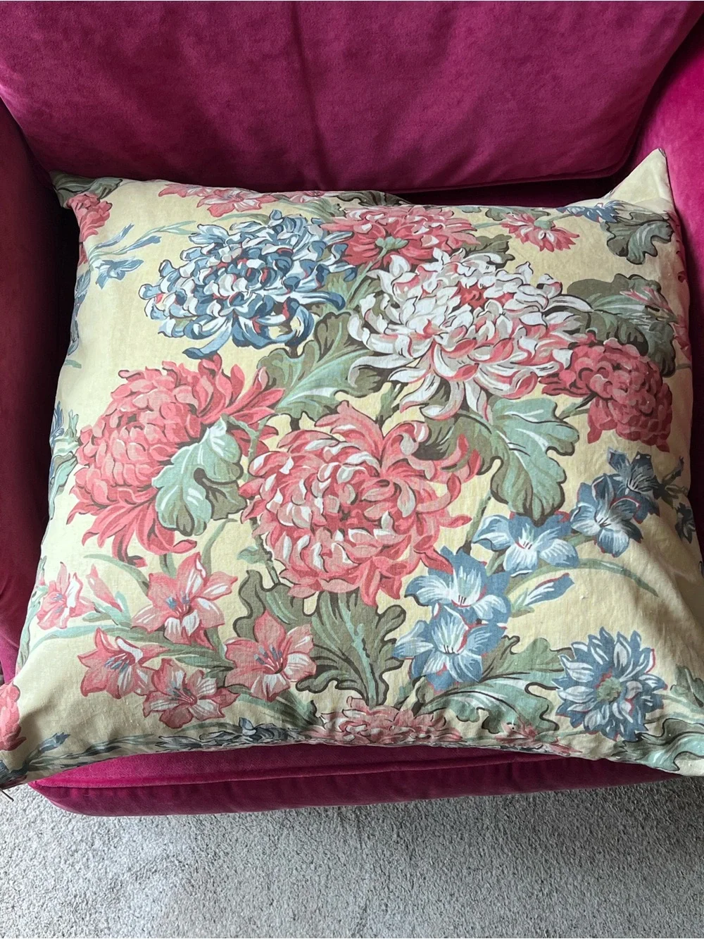 Pottery Barn Floral Euro Pillow Cover LINEN COTTON 24” x 24” blue pink yellow